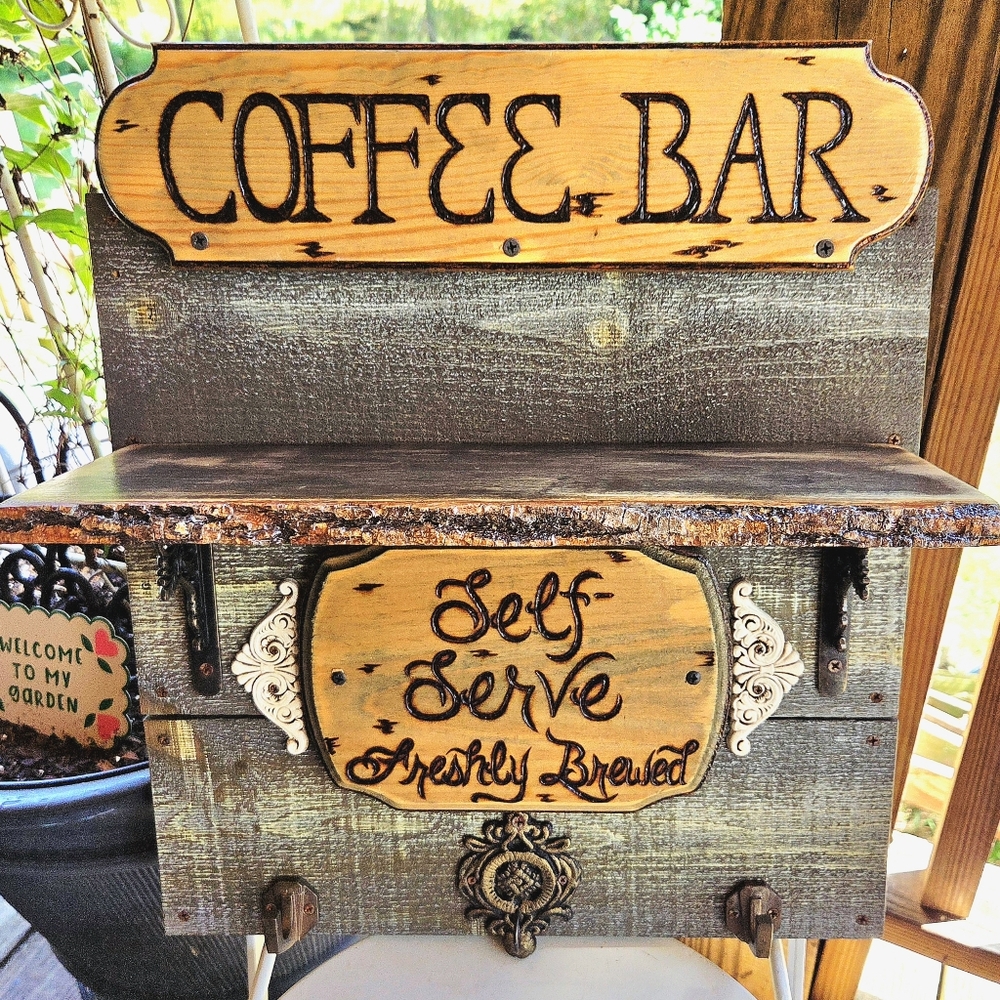 Handmade Rustic Coffee Bar Wall Decor With Hooks Along Bottom & Live Edge Shelf! - Picture 3 of 16